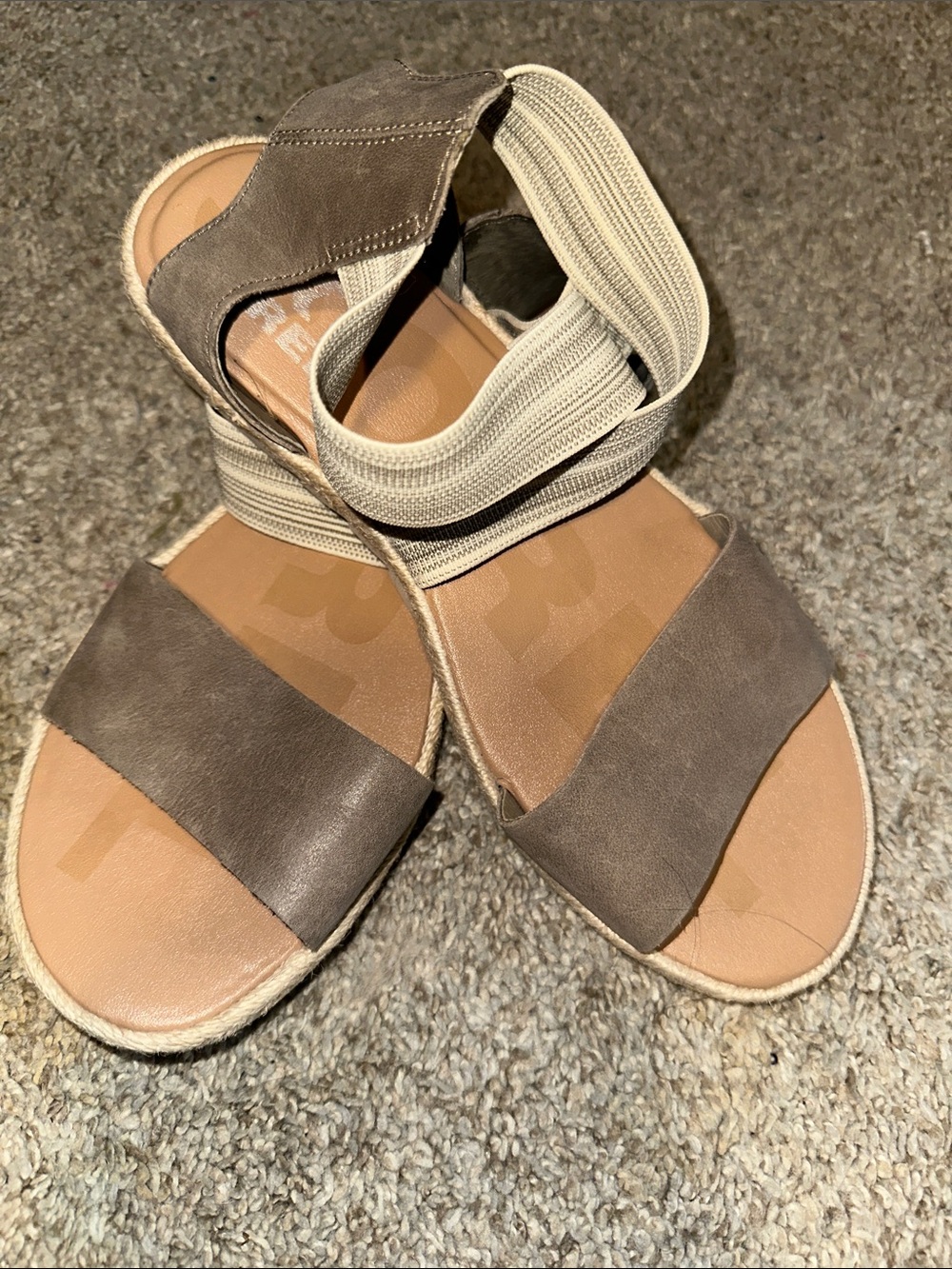 Sorel Taupe Leather Espadrille Slide Sandals with Elastic Ankle Strap